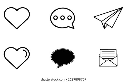Minimalist Social Media Icons Set – Heart, Chat, Send, Message, Envelope