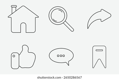 Minimalist social media icons set, including home, search, share, like, chat, and bookmark symbols. Social Media Essentials Like, Comment, Share and Save Icons