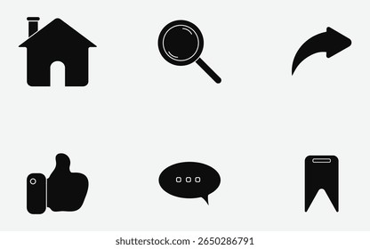 Minimalist social media icons set, including home, search, share, like, chat, and bookmark symbols. Social Media Essentials Like, Comment, Share and Save Icons