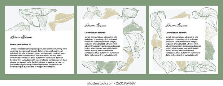 Minimalist social media post template featuring elegant Calla Lily line art with green and beige accents. Perfect for branding, announcements, or stylish floral content layouts.