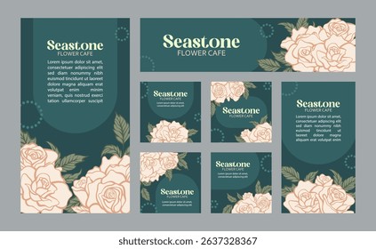 Minimalist social media post template with rose flower ornament line art style and deep emerald colors