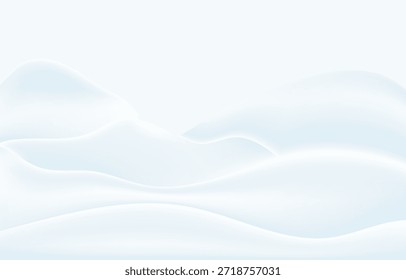 Minimalist soft abstract background featuring flowing white and pale blue undulating shapes suggesting gentle snowdrifts or smooth satin fabric textures in bright light