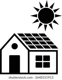 Minimalist Solar Energy Icon for Residential Use—House with Rooftop Panels and Sun Symbol