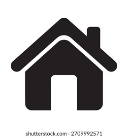 Un icono gráfico negro sólido y minimalista que representa una forma tradicional de casa con un techo inclinado y una chimenea, con una forma de puerta recortada para un aspecto limpio y moderno.