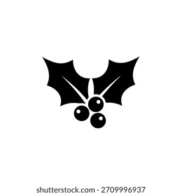 Minimalist Solid Black Holly Sprig Silhouette on White Background