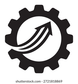 Icono negro sólido minimalista de un engranaje con una flecha curvada hacia arriba, que representa el crecimiento de la productividad, la mejora del rendimiento, el aumento de la eficiencia y la optimización del proceso.