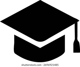 A minimalist solid black icon of a graduation cap also known as a mortarboard with a dangling tassel. Represents education and achievement.