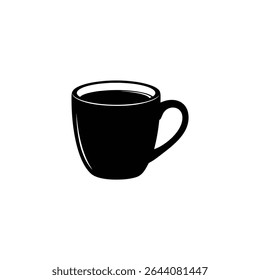 A minimalist solid black silhouette icon of a coffee or tea mug, featuring a white interior rim highlight, isolated on white.