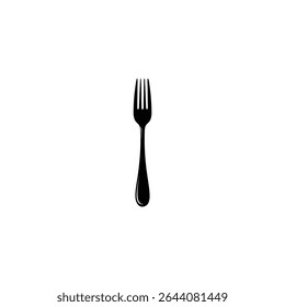 A minimalist solid black silhouette icon of a single dining fork with white defining tines, isolated on a white background.
