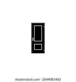A minimalist solid black silhouette icon of a simple closed door with a white door handle, isolated on white.