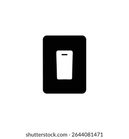 Um ícone de silhueta preta sólida minimalista de um interruptor de luz simples com uma alternância branca, isolado em um fundo branco.
