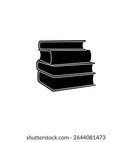 A minimalist solid black silhouette icon of a small stack of books with white lines separating them, isolated on a white background.