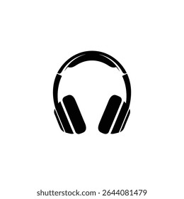 A minimalist solid black silhouette icon of over-ear headphones with white highlights, isolated on a white background.