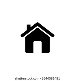 A minimalist solid black silhouette icon representing a simple house, with a white door or window shape, isolated on white.