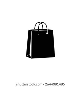 Um ícone de silhueta preto sólido minimalista de um saco de compras com realces brancos definindo alças e forma, isolado em um fundo branco.
