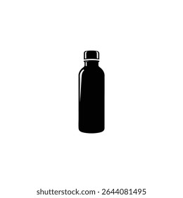 A minimalist solid black silhouette icon of a reusable water bottle with white cap details, isolated on a white background.