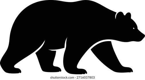 A minimalist, solid black silhouette icon of a bear depicted in a side profile view, mid-stride as it walks. The stylized graphic shows the full body of the animal, highlighting its characteristic shape. The transparent background makes this vector-style image versatile for use in logos, graphics, and various design projects.