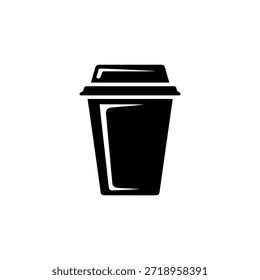 Um ícone de silhueta preto sólido minimalista de uma xícara de café descartável com uma tampa, adequado para menus e gráficos relacionados à bebida.