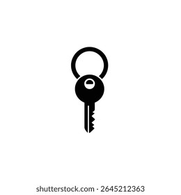 A minimalist, solid black silhouette of a key featuring a prominent ring. The key's shape is clean, distinct, and set against a plain white background for clarity.