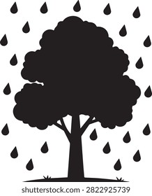 A minimalist solid black silhouette of a leafy tree with dense rounded crown, thick straight trunk rooted on grassy mound, surrounded by numerous simple teardrop raindrops falling evenly across white background, clean bold graphic shape isolated, symbolizing rain, nature, monsoon, growth, environment, weather, freshness, and tranquil eco life inspiration design.