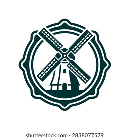 A minimalist, solid dark green silhouette icon of a traditional Dutch windmill set inside a decorative circular border, ideal for agricultural or rustic branding.