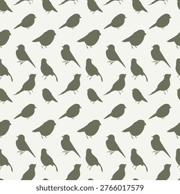 Minimalist Songbird Silhouettes Seamless Pattern: Muted Olive Sparrow Outlines on Off-White Background for Eco-Friendly Packaging and Scandi Nursery Decor