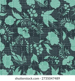 A minimalist and sophisticated seamless pattern featuring teal folk-art inspired floral silhouettes on a dark charcoal background. This ethnic botanical design showcases stylized blossoms, leaves, and berry clusters over a subtle cross-hatch grid texture. Perfect for modern textiles, rustic home decor, elegant gift packaging, and contemporary wallpaper.