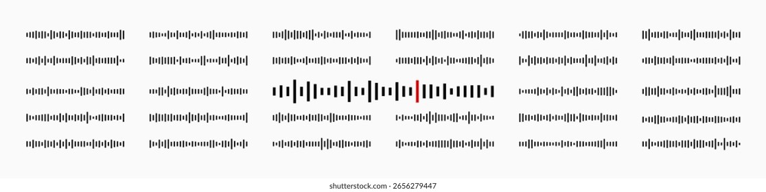 Padrão de onda sonora minimalista com barras de forma de onda preta e vermelha em um plano de fundo claro. Conceito abstrato de sinais de áudio, trilhas de música, gravação ou reconhecimento de voz