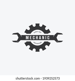 Minimalist Spanner Wrench Gear Logo, Engineering Mechanical Tools Design Vector, Illustration Vintage of Automotive Garage Concept