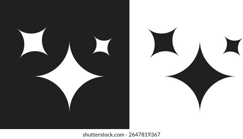 Minimalist sparkle star icon set in black and white contrast style. Perfect for decorative elements, digital effects, or clean graphic accents. Includes modern flat vector design elements.