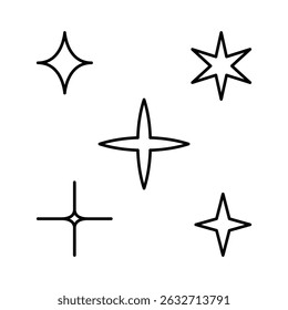 Minimalist Sparkle Star Vector Set, Simple Line Art Shiny Elements for Design.
