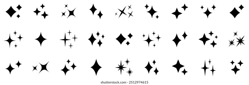 Minimalist Sparkle and Starburst Icon Set | Black and White Twinkle Star Shapes for Design Projects, Decorative Elements, Web, and Social Media Graphics | Vector Symbols for Branding, UI, Marketing