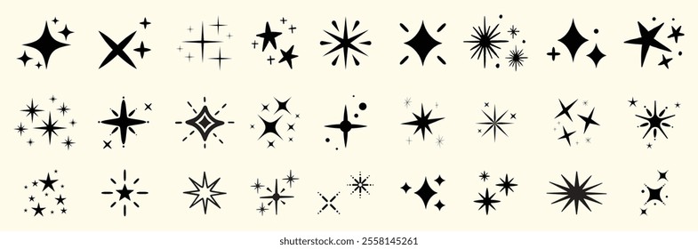 Minimalist Sparkle and Starburst Icon Set. Black and White Twinkle Star Shapes for Design Projects, Decorative Elements, Web, and Social Media Graphics. Vector Symbols for Branding, UI, Marketing