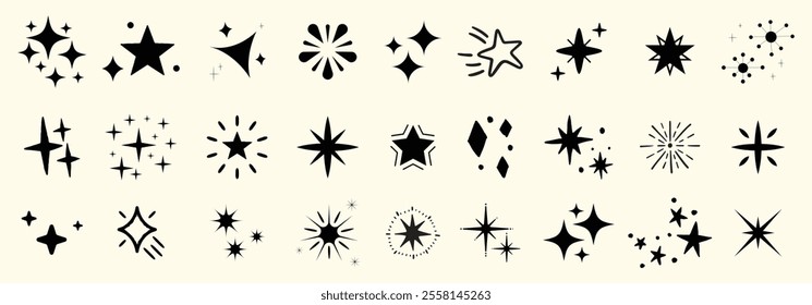 Minimalist Sparkle and Starburst Icon Set. Black and White Twinkle Star Shapes for Design Projects, Decorative Elements, Web, and Social Media Graphics. Vector Symbols for Branding, UI, Marketing