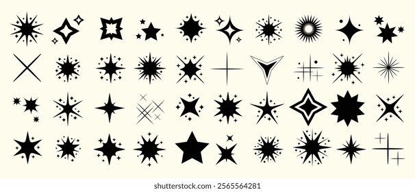 Minimalist Sparkle and Starburst Icon Set. Black and White Twinkle Star Shapes for Design Projects, Decorative Elements, Web, and Social Media Graphics. Vector Symbols for Branding, UI, Marketing