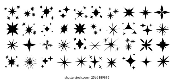 Minimalist Sparkle and Starburst Icon Set. Black and White Twinkle Star Shapes for Design Projects, Decorative Elements, Web, and Social Media Graphics. Vector Symbols for Branding, UI, Marketing