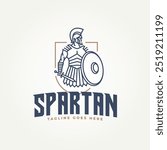 minimalist spartan warrior with sword and shield line art icon emblem logo vector illustration design