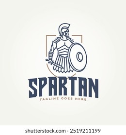 minimalist spartan warrior with sword and shield line art icon emblem logo vector illustration design