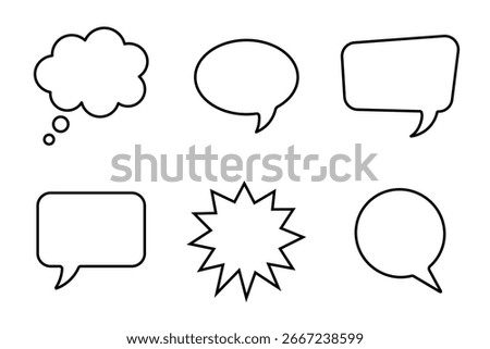 Minimalist speech bubble icons set with editable stroke. Vector outline collection including chat bubble, thought cloud, comic text box, dialog shape, message frame, communication and talk symbol.