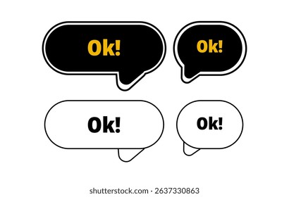 Minimalist speech bubbles with “Ok!” in bold text. Perfect for UI design, chat stickers, and digital communication symbols with a clear, affirmative tone.