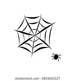 Minimalist spider and web design simple black silhouette on white.