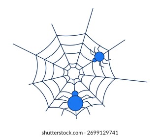 Minimalist spiders on web 2D cartoon object. Cobweb Halloween insects. Creepy crawly. Phobia arachnid. Spiderweb nature bugs isolated element flat vector clip art on white. Spot illustration