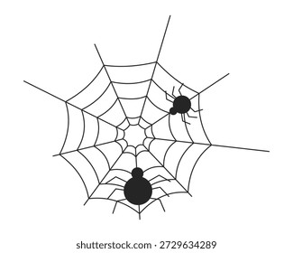 Minimalist spiders on web 2D black filled object. Cobweb Halloween insects. Creepy crawly. Phobia arachnid. Spiderweb bugs silhouette isolated clipart vector ink item. Monochrome spot illustration