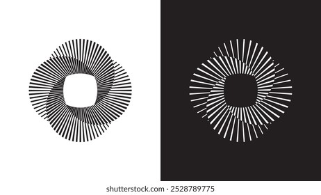 Minimalist spiral stripes, vintage optical illusion. Circular overlapping lines resembling camera shutter, radial burst black and white logo.