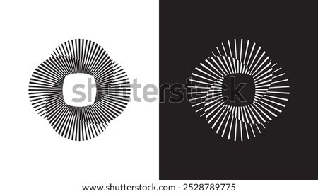 Minimalist spiral stripes, vintage optical illusion. Circular overlapping lines resembling camera shutter, radial burst black and white logo.