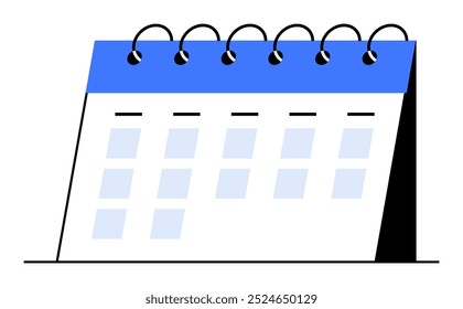 Um calendário minimalista de mesa em espiral com um cabeçalho azul e páginas brancas. Ideal para agendamento, gerenciamento de tempo, planejamento, compromissos e rastreamento de eventos. Estilo de vetor simples.