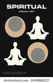 Minimalist spiritual art featuring meditating silhouettes with abstract circular patterns. Ideal for wellness, meditation, and tranquility themes or inspirational posters, digital art.