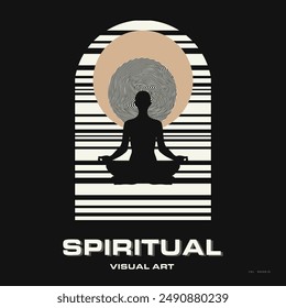 Minimalist spiritual art featuring meditating silhouettes with abstract circular patterns. Ideal for wellness, meditation, and tranquility themes or inspirational posters, digital art.