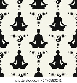 Minimalist spiritual art featuring meditating silhouettes patterns. Ideal for wellness, meditation, and tranquility themes or inspirational posters, digital art.