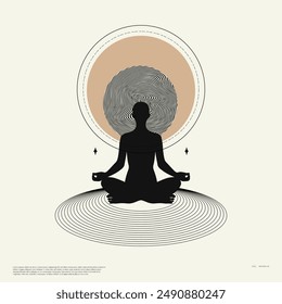 Minimalist spiritual art featuring meditating silhouettes with abstract circular patterns. Ideal for wellness, meditation, and tranquility themes or inspirational posters, digital art.